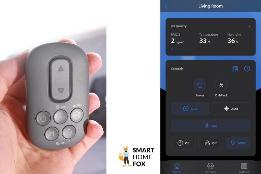 Die Steuerungsmöglichkeiten des Philips Air Performer Series 8000 (AMF870/15) werden per Philips Air+ App oder Fernbedienung gezeigt.